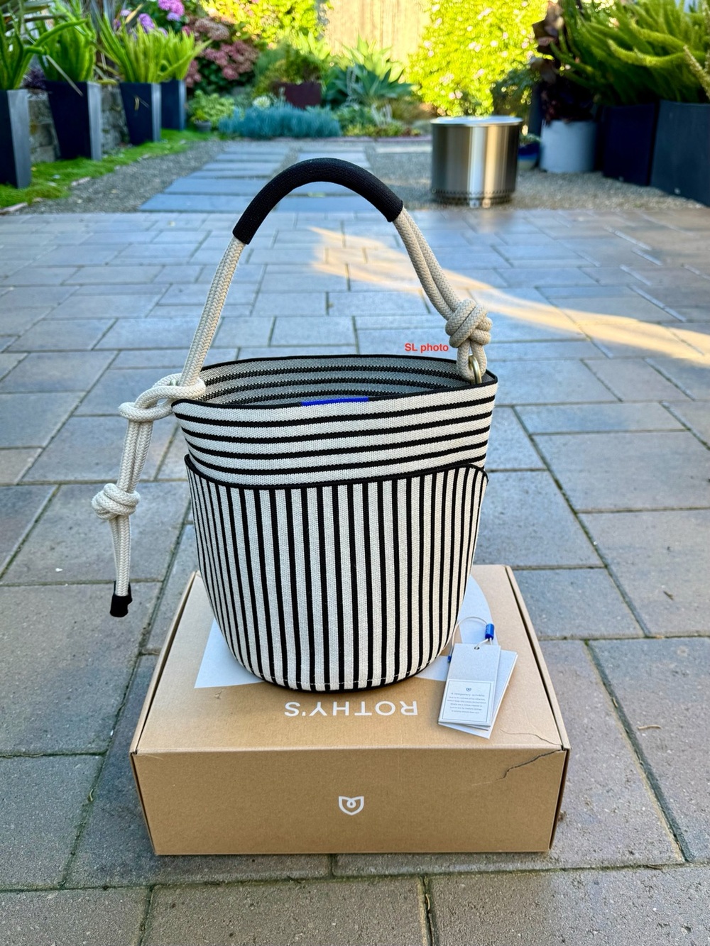 Rothy's Black & White Hump Pail Bucket Bag with Rope Handle